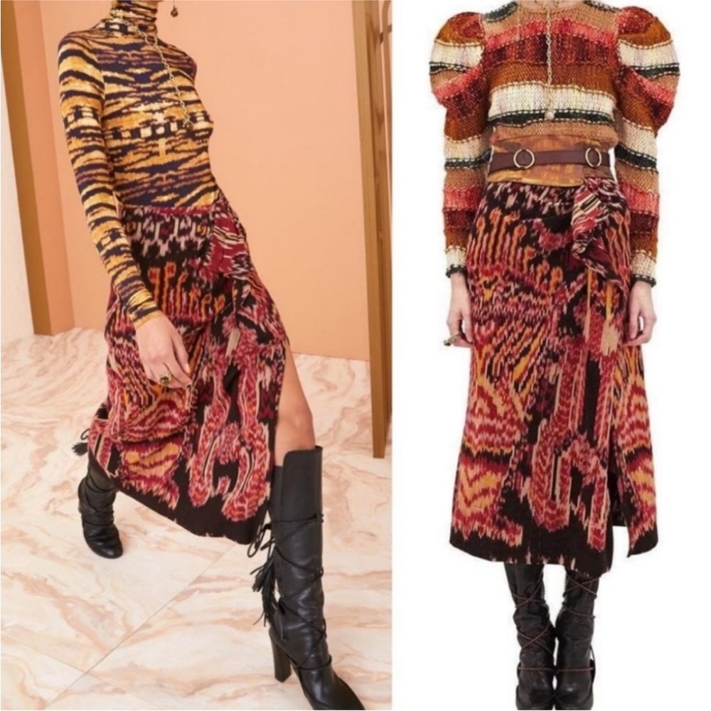 Ulla Johnson Ember Tribal Midi Skirt Slit Sarong Ikat Cotton Size 4 Mahogany